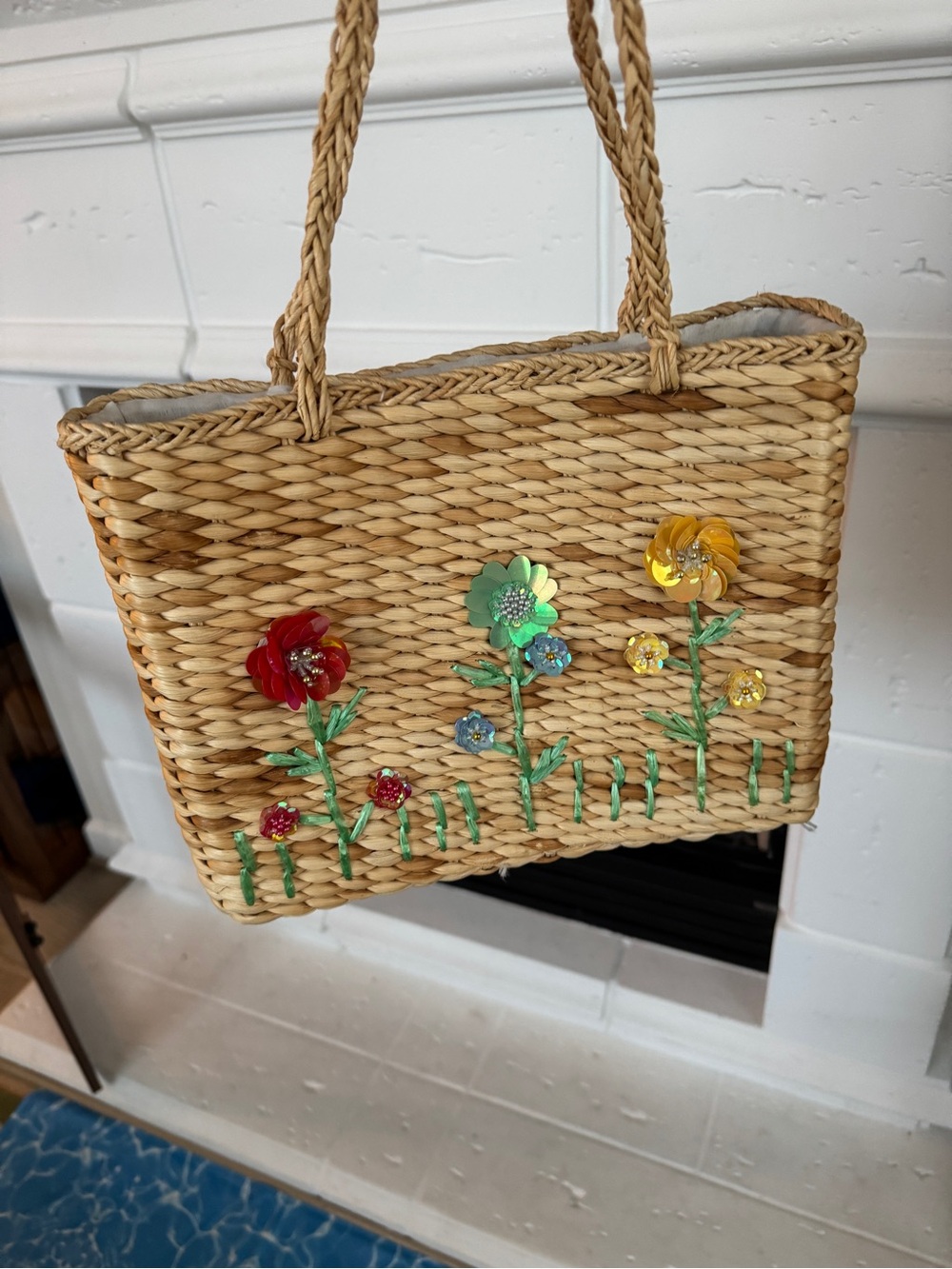 Vintage Straw Tote with Red, Green, Yellow & Blue Floral Accents